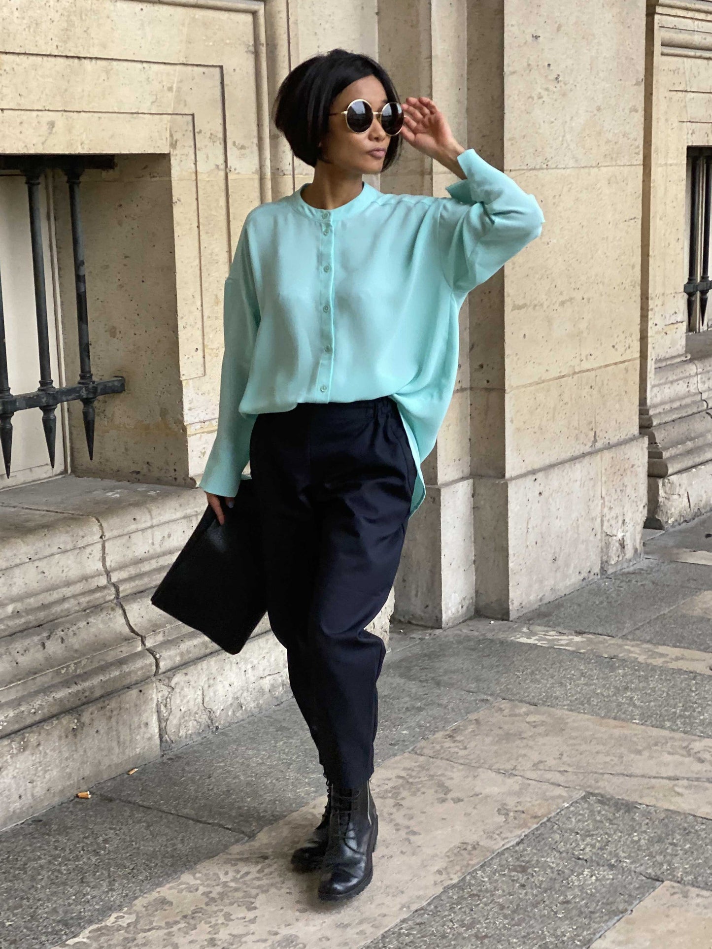 Chemisier aqua blue col Mao